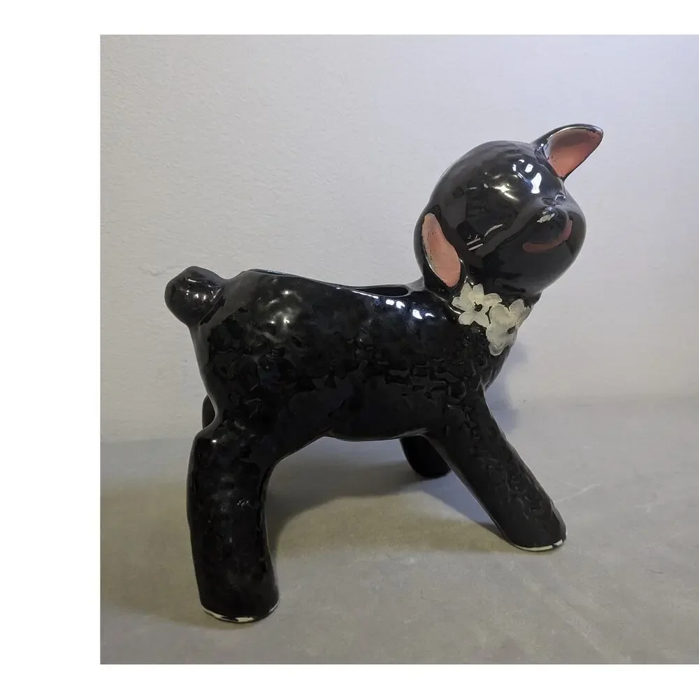 Vintage 1950s Black Lamb Ceramic Planter Kitsch Sheep Pot - AS IS / Worn